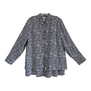 CHICO'S 2 Women 12 14 Blouse Button Up Black White Beige Layered Long Sleeve 44"